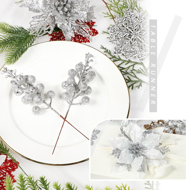 Homcomoda Christmas Poinsettia Artificial Flowers with Glitter Berries Stems 22PCS Christmas Flowers with Clips and Stems Christmas Tree Ornament for Xmas Holiday Year Wedding Decor