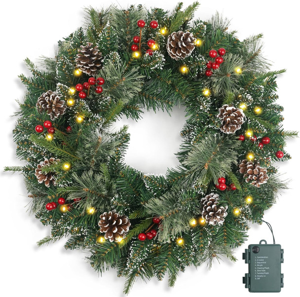 Christmas Wreath Snowy Pre-lit 24 inch with 50 Light & Pine Cone, Artificial Christmas Wreaths for Front Door with Lights, Wreath for Christmas Decoration Door Windows Wall Green