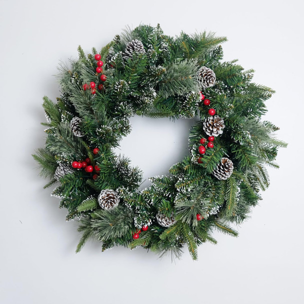 Christmas Wreath Snowy Pre-lit 24 inch with 50 Light & Pine Cone, Artificial Christmas Wreaths for Front Door with Lights, Wreath for Christmas Decoration Door Windows Wall Green