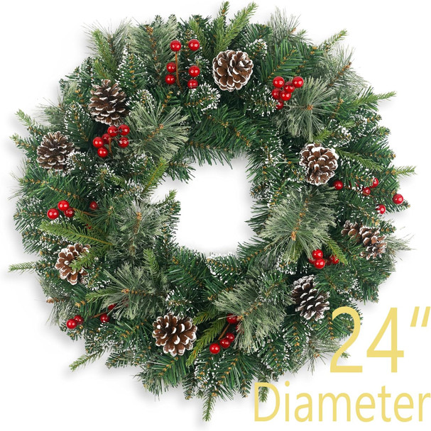 Christmas Wreath Snowy Pre-lit 24 inch with 50 Light & Pine Cone, Artificial Christmas Wreaths for Front Door with Lights, Wreath for Christmas Decoration Door Windows Wall Green
