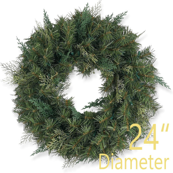Christmas Wreath Pre-lit 24 inch with 100 Light & Cupressus Tips, Artificial Christmas Wreaths for Front Door with Lights, Wreath for Christmas Decoration Door Windows Wall Green Plug in