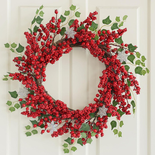 Red Berry Christmas Wreaths for Front Door 20 Inches, Xmas Winter Wreath with Snowflakes for Window Outdoor Outside, Artificial Holiday Farmhouse Modern Wreath for Indoor Decor