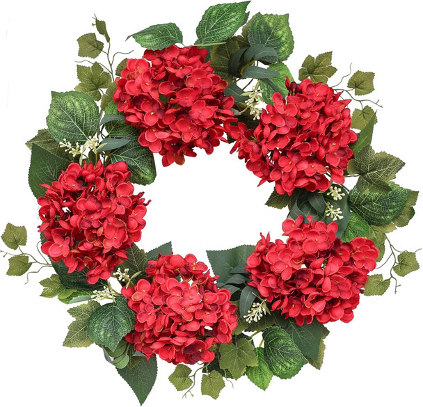 Burgundy Hydrangea Spring Wreath for Front Door, 18-20Inch Outdoor Red Summer Wreath for Wedding Home, Farmhouse Indoor Decor for All Seasons, Year Round Flower Fall Christmas Wreath