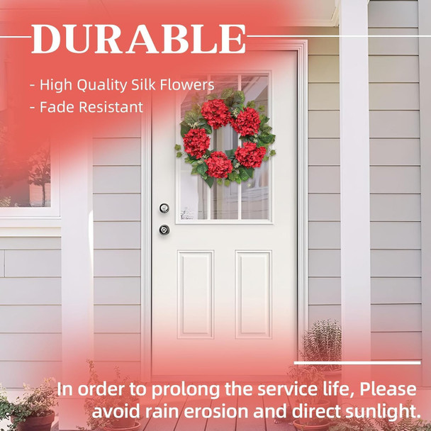 Burgundy Hydrangea Spring Wreath for Front Door, 18-20Inch Outdoor Red Summer Wreath for Wedding Home, Farmhouse Indoor Decor for All Seasons, Year Round Flower Fall Christmas Wreath