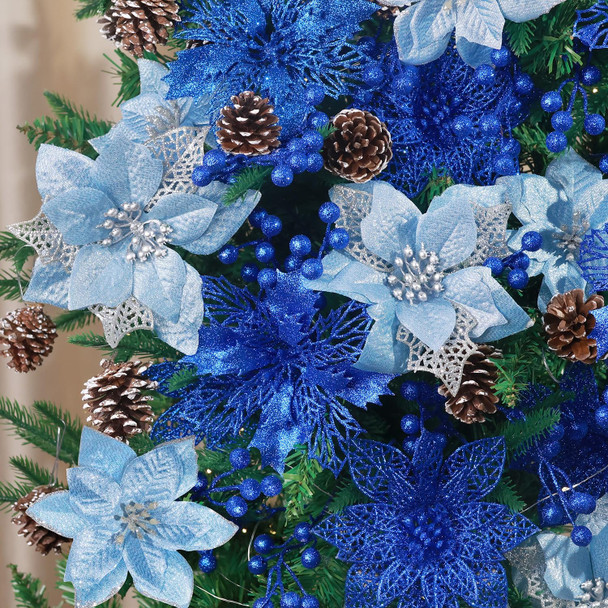 Hommtina 56 Pcs Christmas Decorations, 4 Styles Poinsettias Artificial Christmas Flowers Glitter Berries Stems Ornaments Tree with Pine Cones & Stems for Xmas Wedding DIY Wreath Floral Party (Blue)