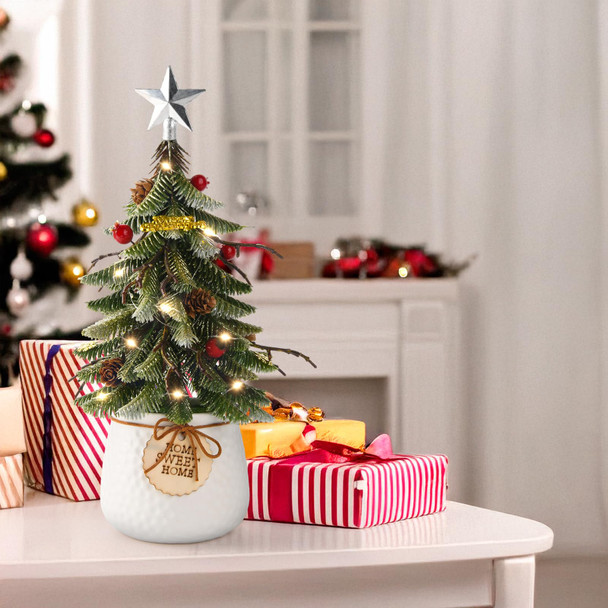 Artificial Mini Christmas Tree Tabletop Decorations,13 Inch Small Xmas Tree with Red Berry Ornaments for Table Top Office Desk Classroom Room Holiday Christmas Decor (Silver Star)