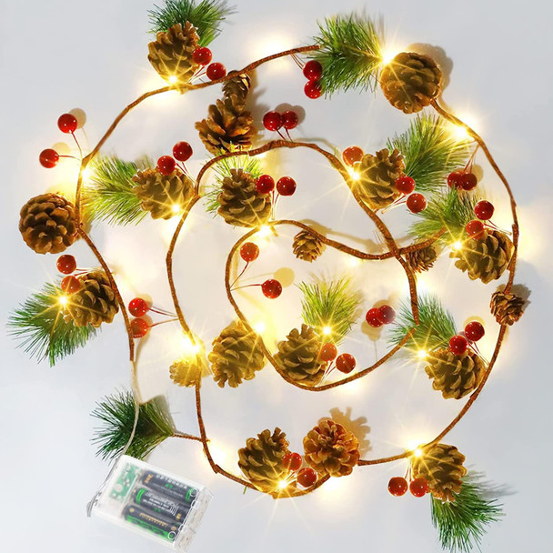 Hongyitime 7.8 FT PineCones String Lights, christmas pine cone light string, 20 LED Red Berry Pine Cone Garland Lights, led Garland String Lights, Christmas Decorations for Home, Garland for Fireplace