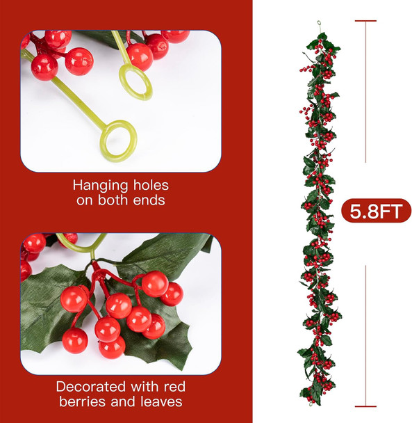6 FT Red Berry Christmas Garland, Fireplace Decoration for Christmas Holiday Year Decor,Flexible Artificial Berry Garland for Indoor Outdoor Home