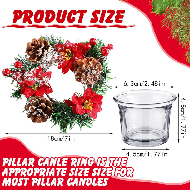 4 Pcs 7 Inch Christmas Poinsettia Candle Holder Red Berries Snowy Pine Needles Candle Rings Xmas Wreath Candle Holder Centerpiece with 4 Pcs Candle Holders Glass for Xmas Home Party Table Decor