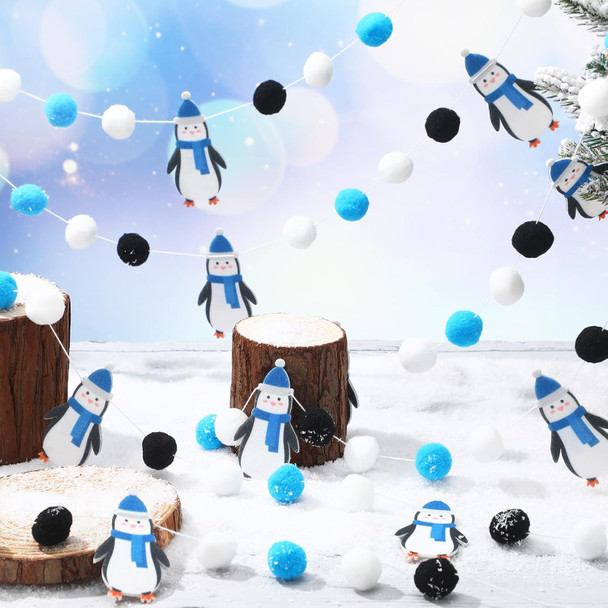 Hosuly 3 Pcs Winter Felt Ball Garlands Penguin Christmas Pom Pom Ball Garlands Colorful Handmade Felt Ball Garland Winter Penguin Garland for Home Fireplace Windows Indoor Outdoor Decor