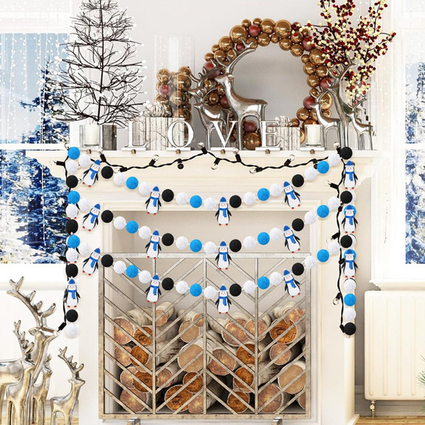 Hosuly 3 Pcs Winter Felt Ball Garlands Penguin Christmas Pom Pom Ball Garlands Colorful Handmade Felt Ball Garland Winter Penguin Garland for Home Fireplace Windows Indoor Outdoor Decor