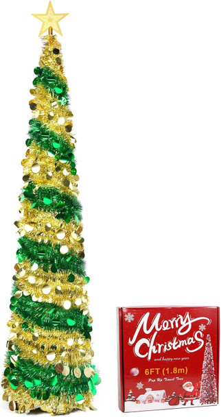 6FT Pop up Christmas Tree Collapsible Gold Green Tinsel Christmas Tree Slim Sequins Xmas Tree with Topper Star, Artificial Reusable Christmas Tree for Holiday Indoor Home Party Decor