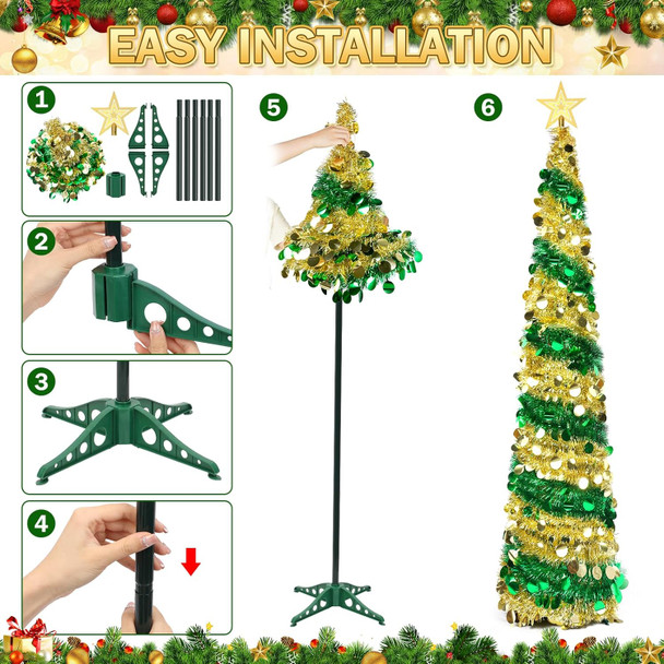 6FT Pop up Christmas Tree Collapsible Gold Green Tinsel Christmas Tree Slim Sequins Xmas Tree with Topper Star, Artificial Reusable Christmas Tree for Holiday Indoor Home Party Decor