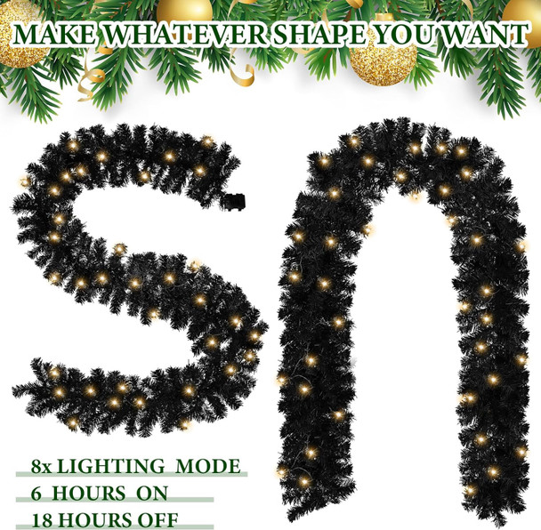 Hotop 9 ft Faux Spruce Artificial Christmas Garland LED Garland Warm Pine Prelit Battery Operated Lighted Garland for Seasonal Indoor Home Fireplace Mantle Tree Stair Decor (2 Pcs,Black)