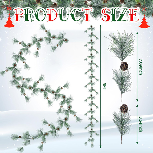 Hotop 9 ft Christmas Smokey Pine Garland Winter Snow Pine Cones Garland Green Artificial Greenery Garland for Table, Mantle, Wall, Indoor, Outdoor Christmas Decorations