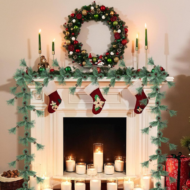 Hotop 9 ft Christmas Smokey Pine Garland Winter Snow Pine Cones Garland Green Artificial Greenery Garland for Table, Mantle, Wall, Indoor, Outdoor Christmas Decorations