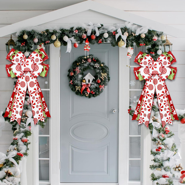 Hotop 2 Pcs Christmas Bow Wreath Bow Xmas Sweet Candy Wreath Burlap Bow Winter Door Wall Decor Red and Green Christmas Tree Topper for Indoor Outdoor Xmas Party Decoration, 18 x 10 Inch