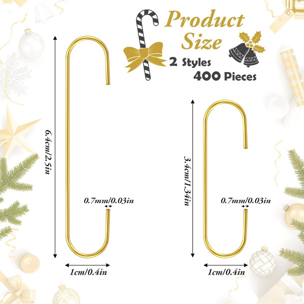 2 Sizes Christmas Ornament Hooks Christmas Tree Decorating Hangers Ornament Hangers Metal Wire Ornament Hooks for Christmas Tree Baubles Wreath Garland Banner Vine Decorations (Gold,400 Pieces)
