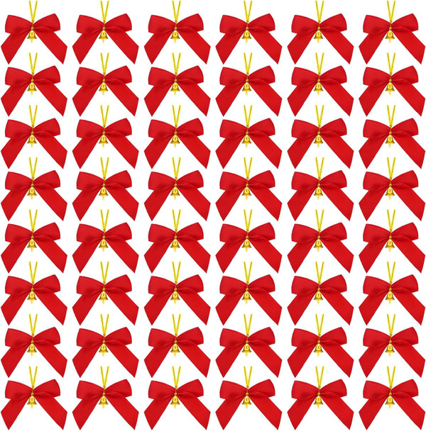 Hotop 48 Pcs Christmas Bows with Bells 3.5 Inch Gold Red Bows Christmas Decorations Twist Tie Small Premade Bows for Christmas Wreaths for Decorative Tree Hanging Ornaments Xmas Holiday Decor Crafts