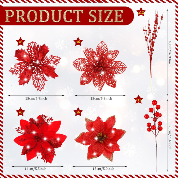 Hotop 48 Pcs 4 Styles Christmas Glitter Poinsettia Artificial Flowers 24,12 Bead Sticks,12 Berries Stems Gold Christmas Tree Ornament with Clips and Stem for Xmas Wedding Wreath Decoration (Red)
