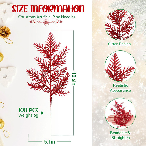 Hotop 100 Pcs Christmas Glitter Pine Needles 10.6 Inches Pine Stems Picks DIY Christmas Garland Wreath Decor Artificial Pine Branches for Xmas Winter Home Centerpieces Party Decoration (Red)