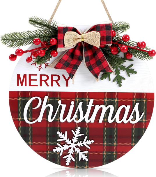 HOURIA 3D Merry Christmas Door Decorations with Snowflake Red Berries,Buffalo Plaid Christmas Wreath for Home Decor, 11.5" Inches Xmas Holiday Welcome Christmas Door Sign for Indoor Outdoor Party
