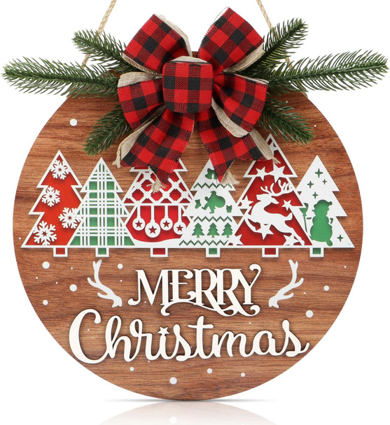 HOURIA 3D Merry Christmas Door Decorations, Pine Tree Christmas Sign For Wreaths,Xmas Holiday Welcome Wooden Plaque,Outdoor Indoor Christmas Decorations For Home,Party,12X12inches