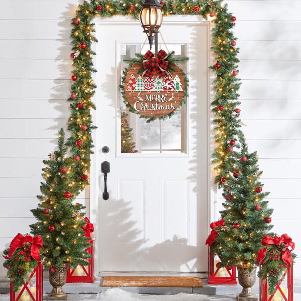 HOURIA 3D Merry Christmas Door Decorations, Pine Tree Christmas Sign For Wreaths,Xmas Holiday Welcome Wooden Plaque,Outdoor Indoor Christmas Decorations For Home,Party,12X12inches