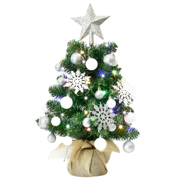 Tabletop Christmas Trees with Lights - HOYECHI Mini Christmas Tree 24 in, Small Light Up 2 ft Christmas Tree with 40 LED Lights & Ornaments Top Star for DIY, Christmas Decoration, Silver & White