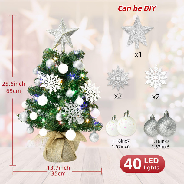 Tabletop Christmas Trees with Lights - HOYECHI Mini Christmas Tree 24 in, Small Light Up 2 ft Christmas Tree with 40 LED Lights & Ornaments Top Star for DIY, Christmas Decoration, Silver & White