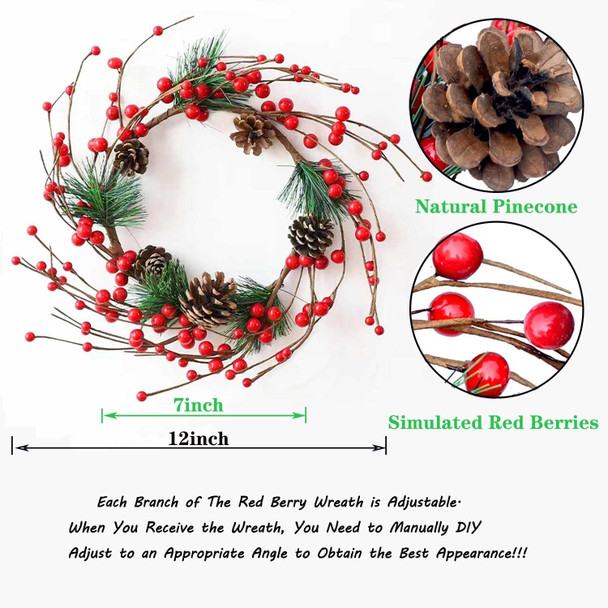12 inch Artificial Christmas Wreath, Farmhouse Handmade Rattan Small Christmas Door Hanging with Red Berry, Pine Cones for Indoor Outdoor DIY Christmas Decoration Wall, Candle Tabletop Ornament