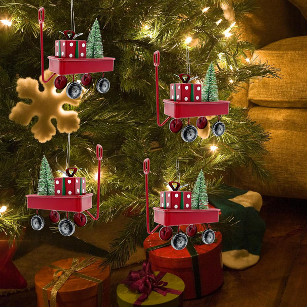 Vintage Red Truck Christmas Decorations, Farmhouse Red Truck with Christmas Tree Hanging Decorations,Metal Red Wagon Model for Xmas Party Christmas Tree Decoration