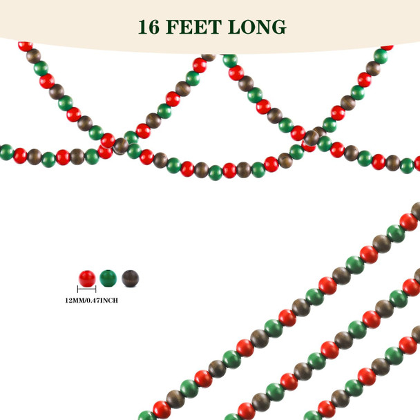 16 Feet Christmas Wooden Beads Garland, Red/Green/Brown Vintage Christmas Tree Bead Garland Farmhouse Fall Decor for Home and Festival Decoration