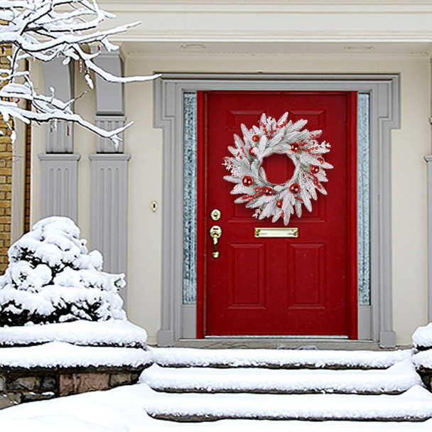 Christmas Wreath, 24inch Wreaths, Artificial Wreaths for Front Door, White Faux Fir with Red Ornaments and Berries wreaths in Autumn and Winter, Indoors,Outdoors, corridors, Offices. (White)