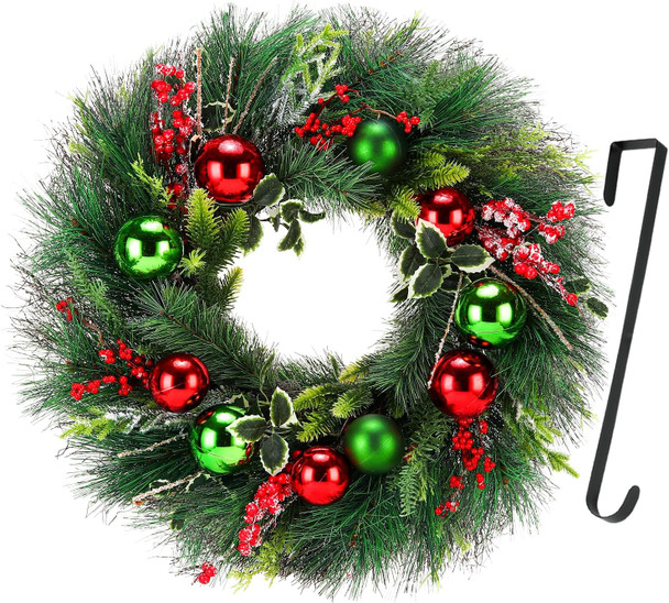Christmas Wreath, 24inch Wreaths, Artificial Wreaths for Front Door, with Wreath Hanger, Autumn and Winter, Indoors,Outdoors, corridors, Offices. (Green)