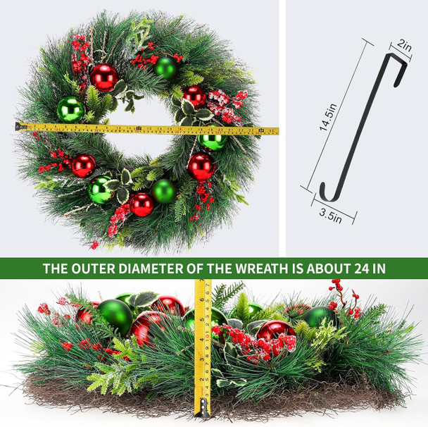 Christmas Wreath, 24inch Wreaths, Artificial Wreaths for Front Door, with Wreath Hanger, Autumn and Winter, Indoors,Outdoors, corridors, Offices. (Green)