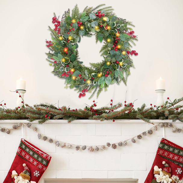 HUAESIN 20in Artificial Pre-Lit Christmas Wreath Holiday Accent Decoration for Door, Small Artificial Xmas Wreath for Hanging Christmas Gate Wall Decorations