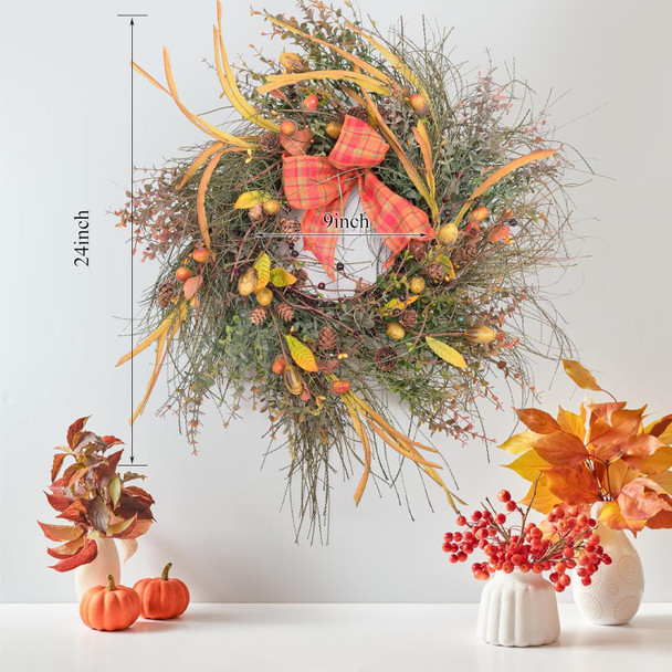 22 Inch Fall Front Door Wreath Mixed Berry Bow Ribbon Wreath Large Harvest Wreath with Pinecone on Grapevine Base for Front Door Farmhouse Wall Window Festival Celebration Christmas Decor