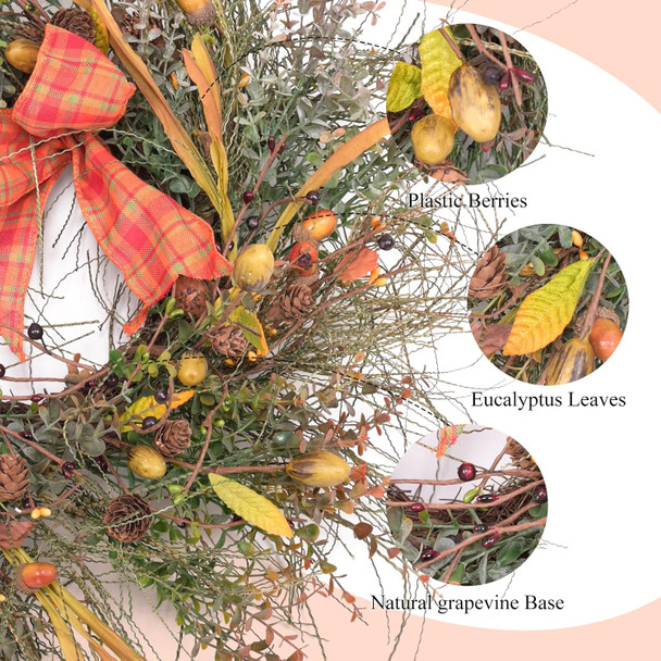 22 Inch Fall Front Door Wreath Mixed Berry Bow Ribbon Wreath Large Harvest Wreath with Pinecone on Grapevine Base for Front Door Farmhouse Wall Window Festival Celebration Christmas Decor