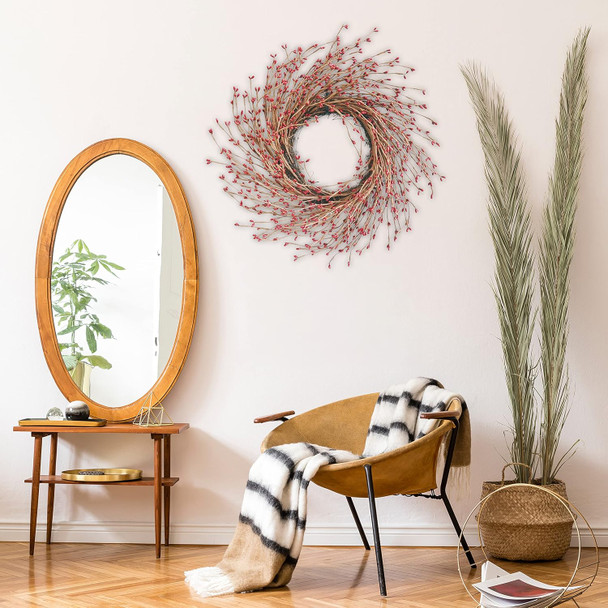 Spring Front Door Wreath 18 Inch Artificial Twig Wreath Winter Red&Burgundy Berry Wreath Artificial Eucalyptus Leaves Wreath with Large Grapevine Wreath for Farmhouse Window Hanging Christmas Decor