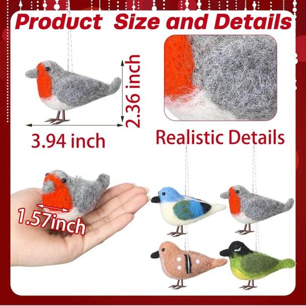 Hungdao 4 Pcs Felt Bird Ornaments for Christmas Tree Wool Felt Bird Ornaments Handcrafted Tufted Felted Robin Ornaments Cute Christmas Tree Decorations for Christmas Party Garlands Home Decor