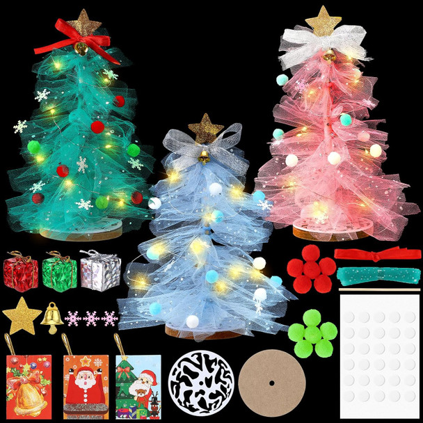 Hungdao 3 Set DIY Christmas Tree Craft Kit Christmas Tabletop Decorations 12 Inch Tulle Christmas Tree with Light Christmas Tree Centerpieces for Table for Christmas Birthday Holiday Women Decor