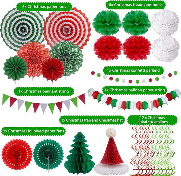 Christmas Party Decoration Festival Set - Huryfox 33pcs Birthday Bunting Decorations Paper Pom Poms Supplies Garland Hanging Honeycomb Balls Suitable for Halloween Garden Indoor Home Décor