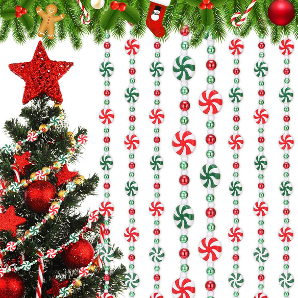Huwena 4 Pieces 10 Feet Christmas Candy Bead Garlands Peppermint Hanging Christmas Tree Garland Pearl Xmas Tree Bead for Christmas Tree Fireplace Wreath Ornaments