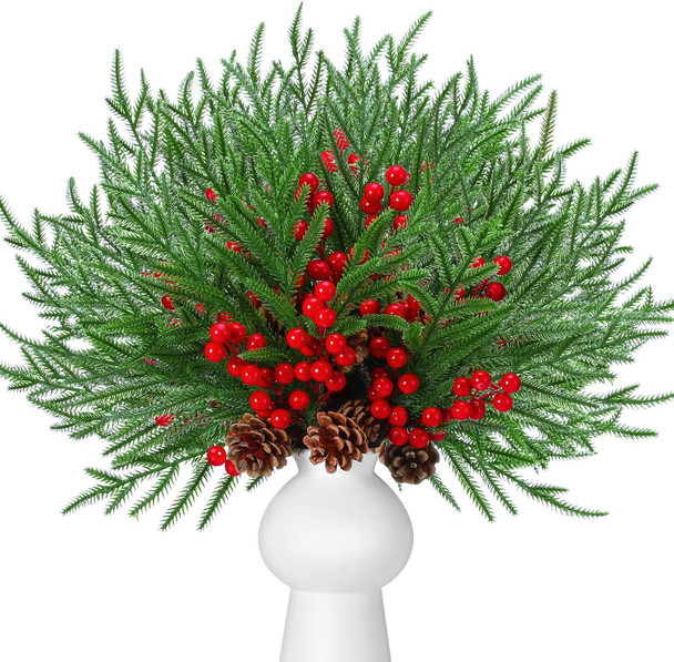 HyDren 20 Pcs Christmas Artificial Norfolk Pine with Cone and Berry, 17 Inches Artificial Greenery Norfolk Pine Stems Long Xmas Faux Pine Stem for Crafts Christmas Tree DIY Garland Holiday Wreath