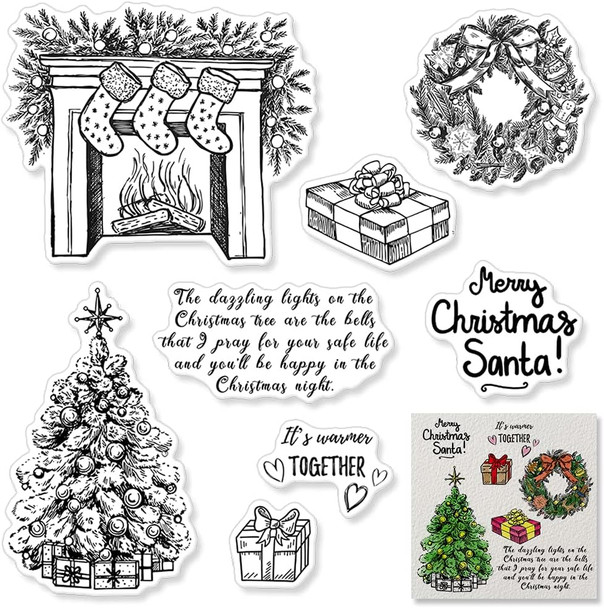 Christmas Fireplace Wreath Tree Clear Stamps for Card Making Scrapbooking Crafting DIY Decorations, Christmas Words Transparent Silicone Seal Stamps for Embossing Album Crafts