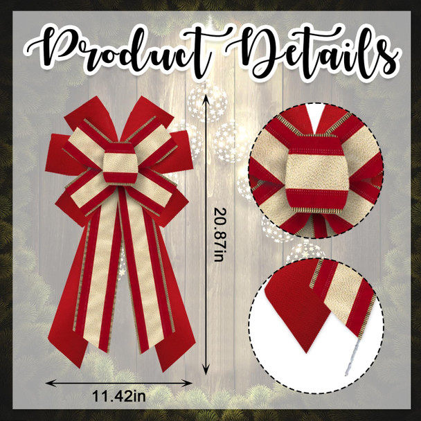 Hying Large Christmas Bows for Wreath, Christmas Wreath Bow Glitter Gold Red Velvet Bow Winter Xmas Tree Bows Ornaments for Front Door Year Christmas Party Decoration Supplies