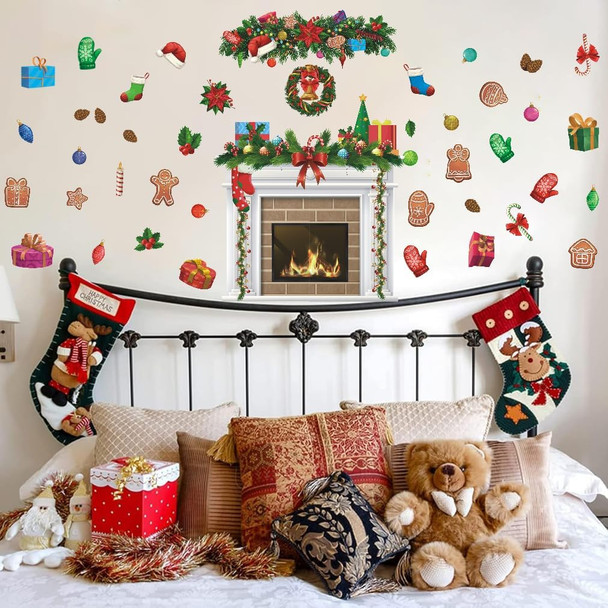 IARTTOP Christmas Fireplace Bulletin Board Decal Christmas Fireplace Wall Decal Christmas Holiday Fireplace Background Decoration Christmas Stocking Candle Wreath for Christmas Home Party Decor