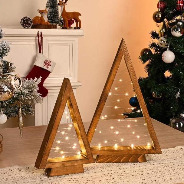 Wooden Christmas Tree Tabletop Christmas Tree with Lights Modern Farmhouse Christmas Decor Small Christmas Tree Mantle Christmas Decorations Holiday Decor Set of 2 (Large 14.3" Medium 10.2")