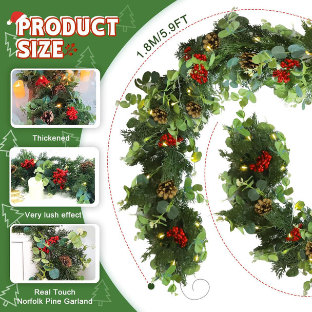 Christmas Garland,Artificial Pine Cypress Garland with Berry and Pinecone,Christmas Greenery Garland for Mantle,Table,Stair Handrail,Indoor,Outdoor Christmas Decorations(5.9FT
